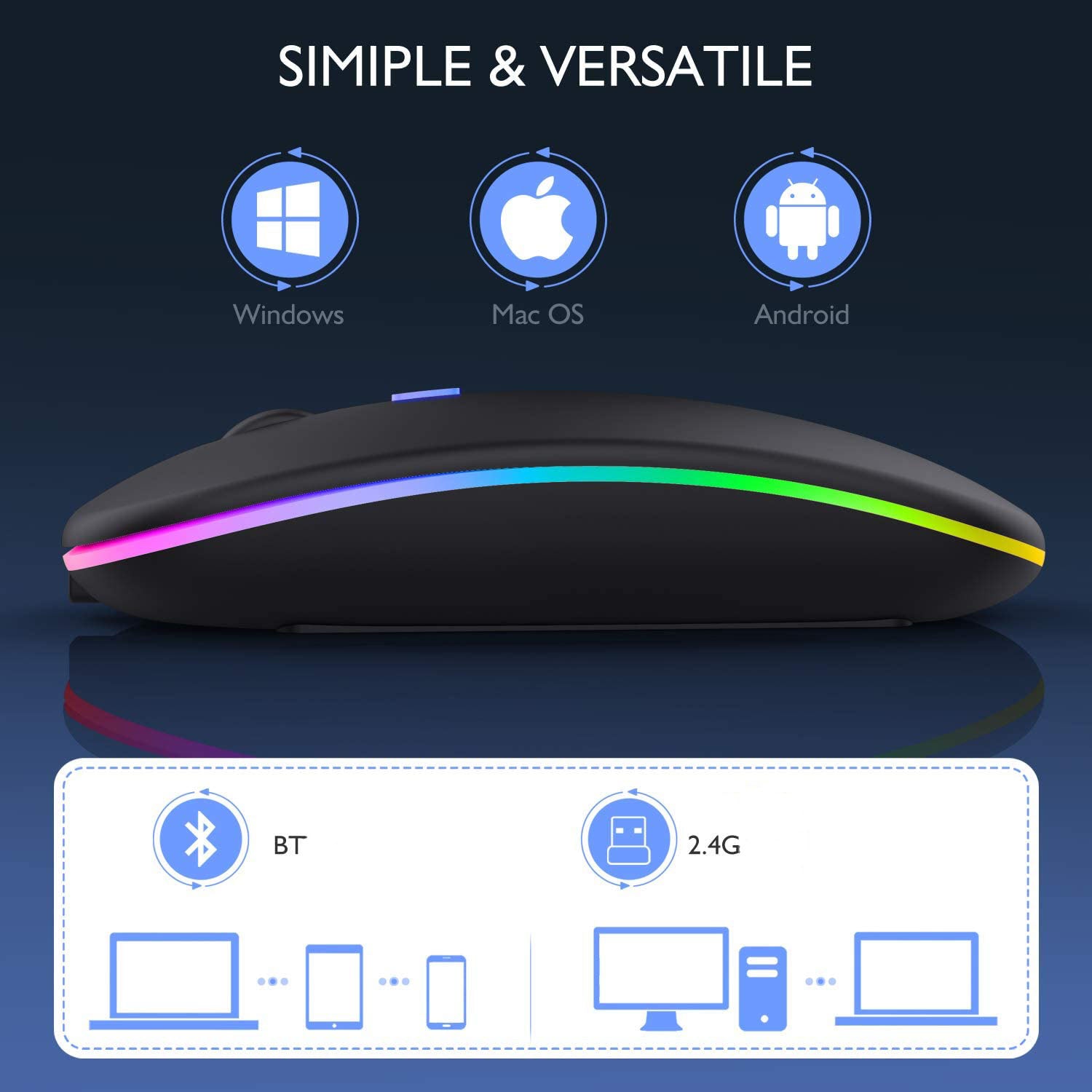 Eleboat® Portable Wireless Bluetooth Mouse,LED Rechargeable Dual Mode(Bluetooth 5.0 and 2.4G Wireless) - Black Eleboat® Portable Wireless Bluetooth Mouse,LED Rechargeable Dual Mode(Bluetooth 5.0 and 2.4G Wireless) - Black